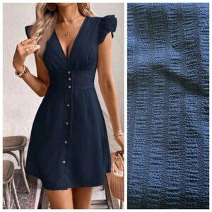 LAST CALL//Ruffled Cap Sleeve Fit & Flare Striped Navy Dress Button Up by Shein